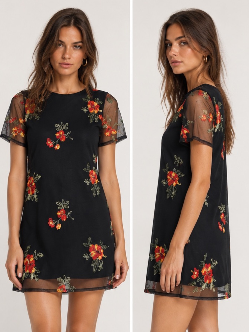 Sweet Claire Black Mesh Embroidered Floral Short Sleeve Shift Dress